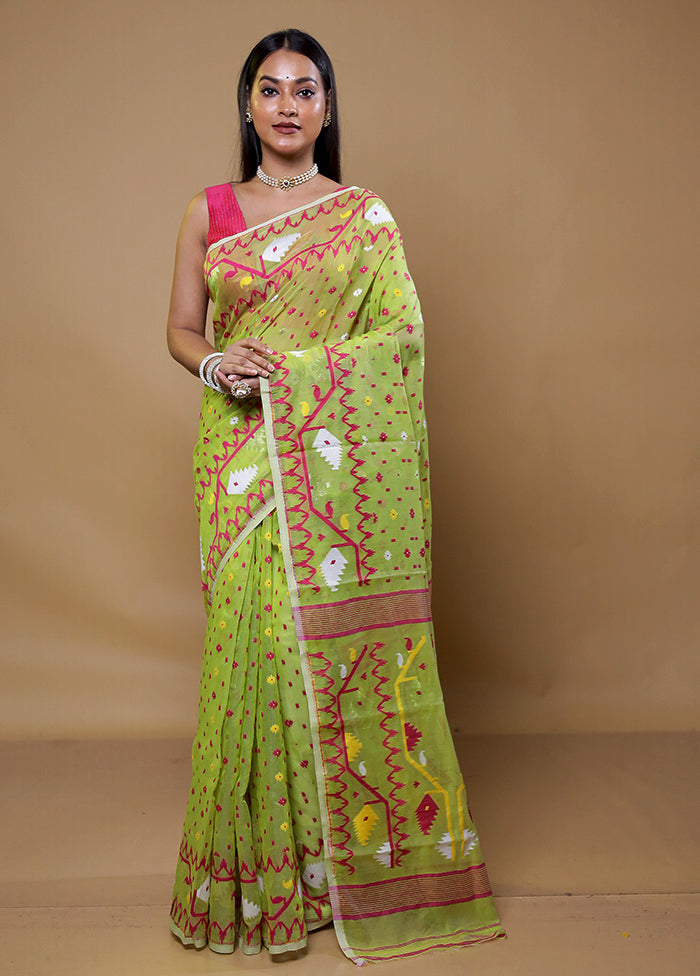 Green Tant Jamdani Saree Without Blouse Piece