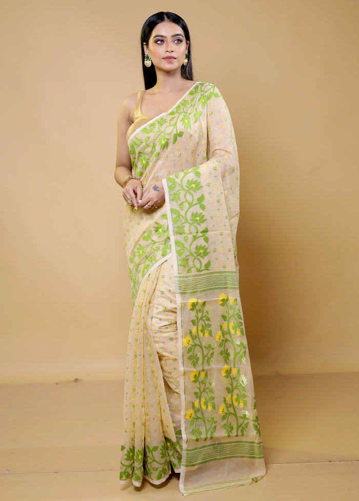 Cream Tant Jamdani Saree Without Blouse Piece