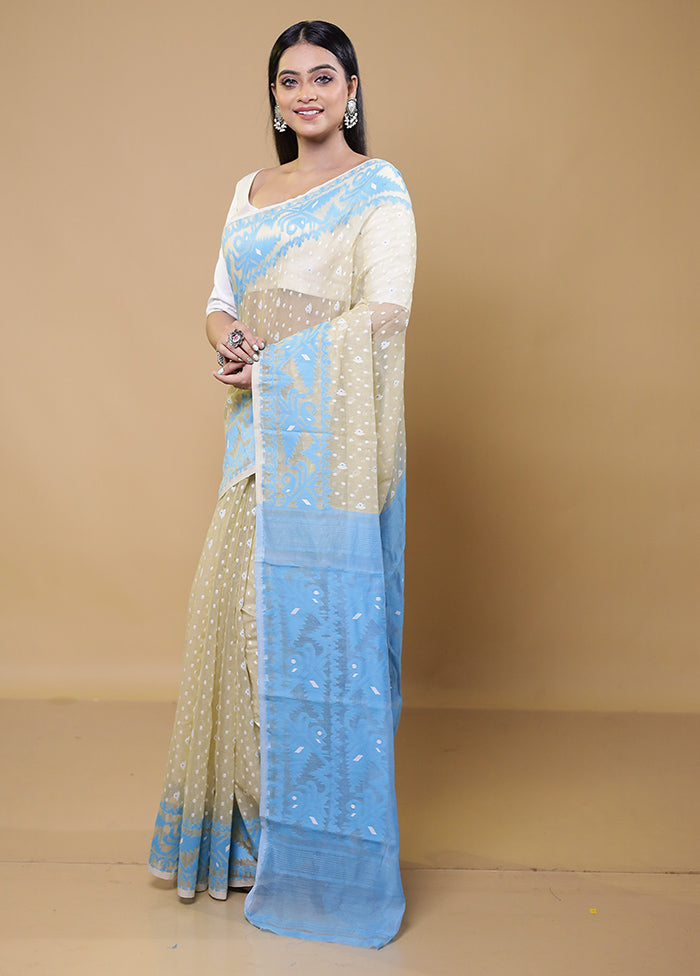 Blue Tant Jamdani Saree Without Blouse Piece