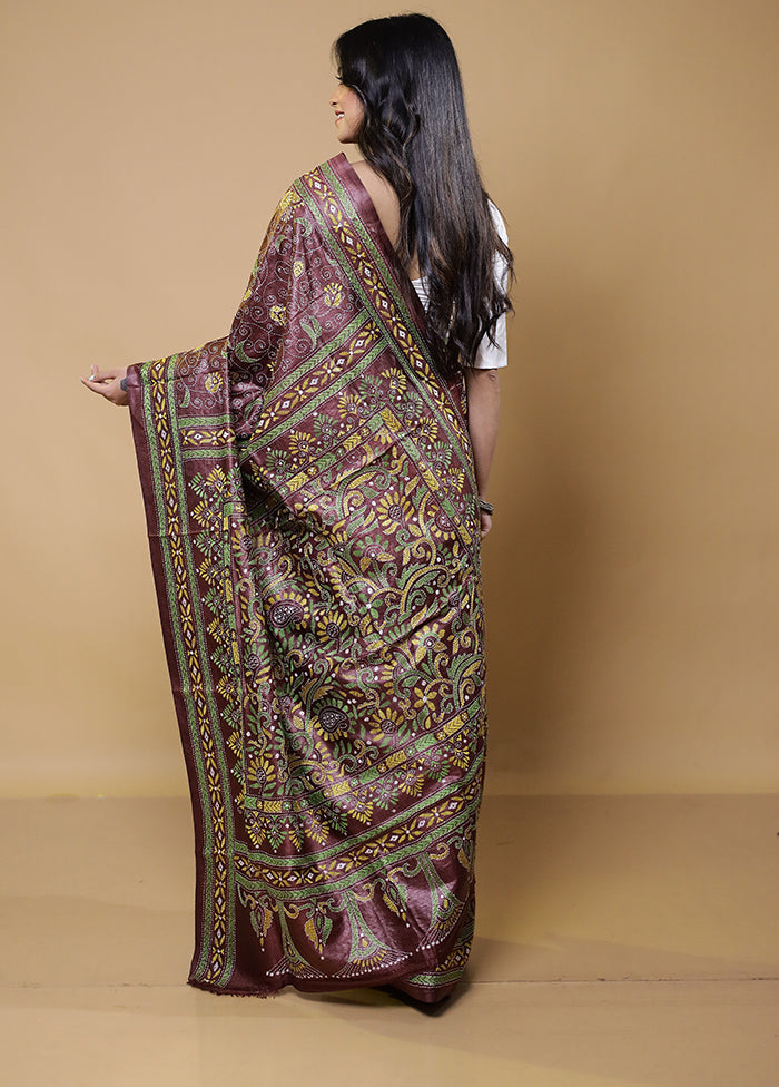 Maroon Handloom Kantha Stitch Pure Silk Saree With Blouse Piece