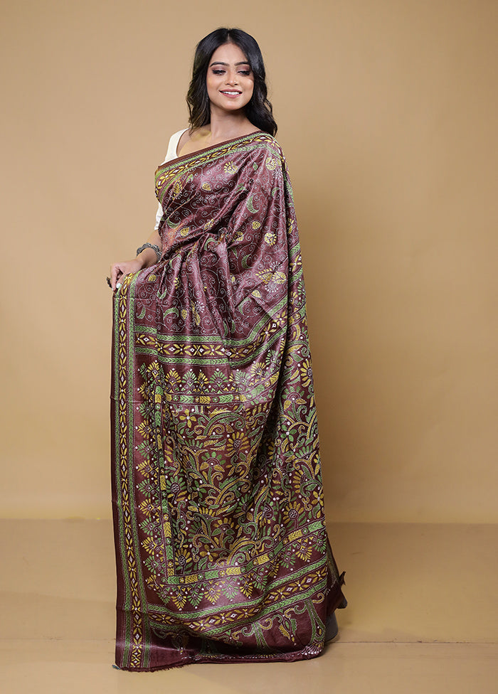 Maroon Handloom Kantha Stitch Pure Silk Saree With Blouse Piece