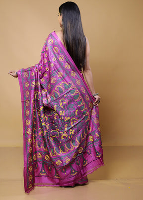 Purple Handloom Kantha Stitch Pure Silk Saree With Blouse Piece