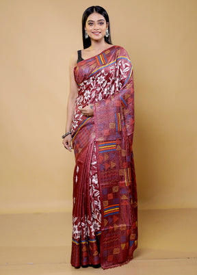 Purple Handloom Kantha Stitch Pure Silk Saree With Blouse Piece