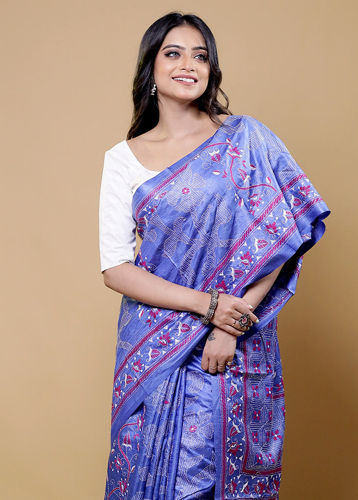 Blue Handloom Kantha Stitch Pure Silk Saree With Blouse Piece