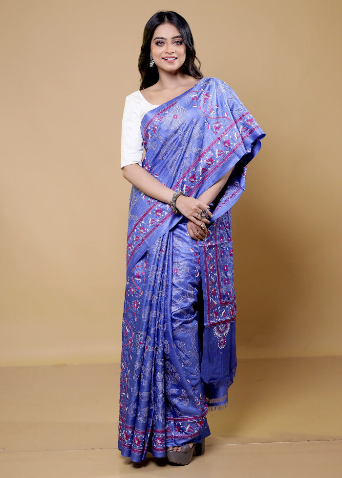 Blue Handloom Kantha Stitch Pure Silk Saree With Blouse Piece