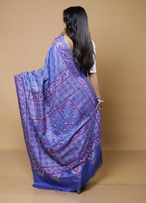 Blue Handloom Kantha Stitch Pure Silk Saree With Blouse Piece