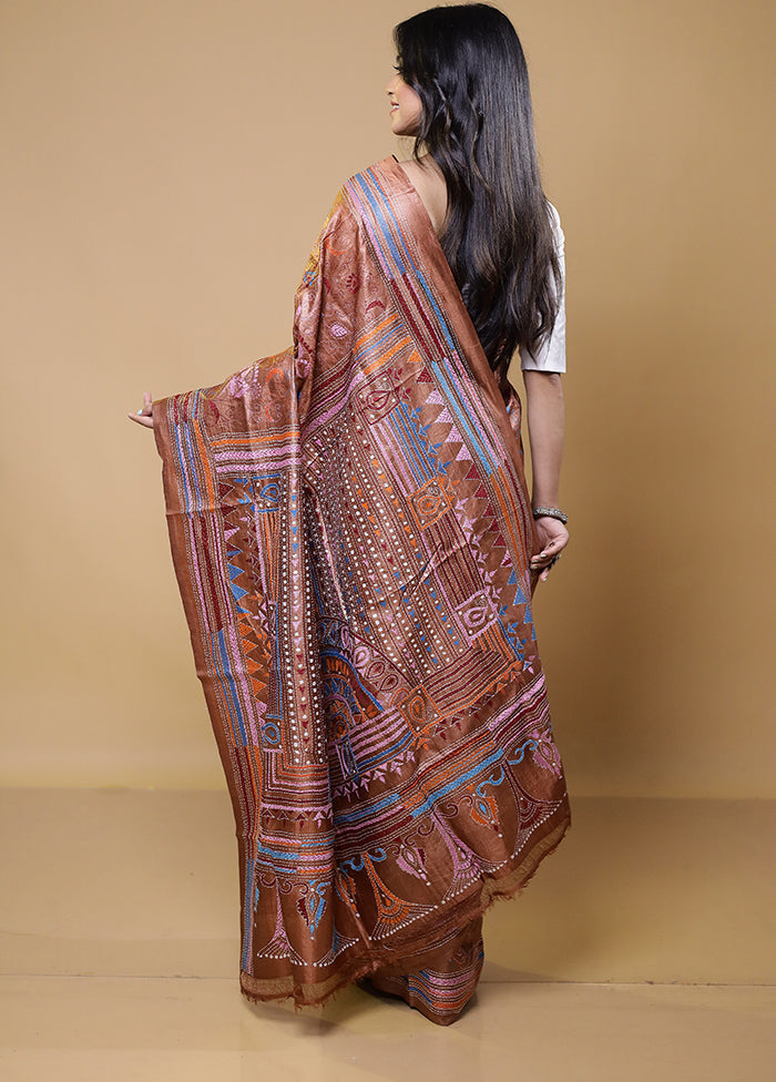 Brown Handloom Kantha Stitch Pure Silk Saree With Blouse Piece