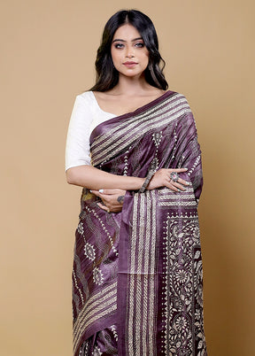 Purple Handloom Kantha Stitch Pure Silk Saree With Blouse Piece