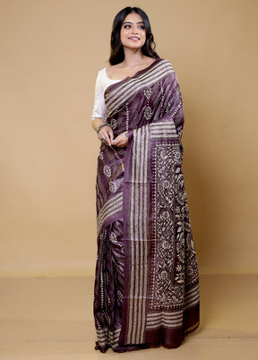 Purple Handloom Kantha Stitch Pure Silk Saree With Blouse Piece