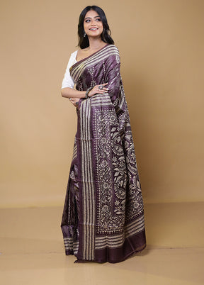 Purple Handloom Kantha Stitch Pure Silk Saree With Blouse Piece