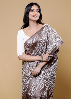 Grey Handloom Kantha Stitch Pure Silk Saree With Blouse Piece