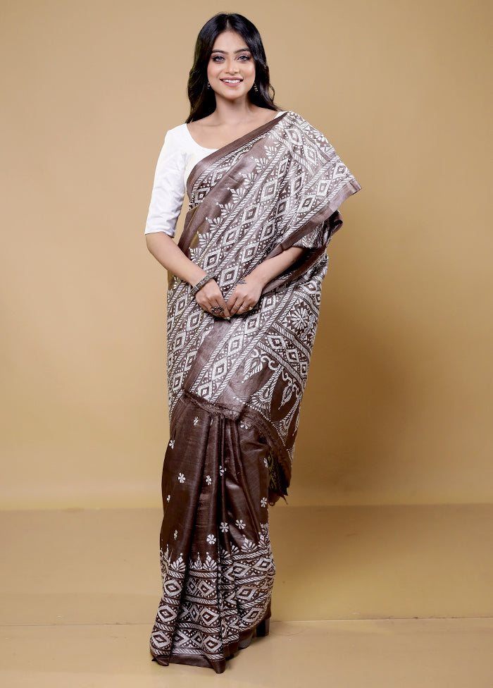 Brown Handloom Kantha Stitch Pure Silk Saree With Blouse Piece