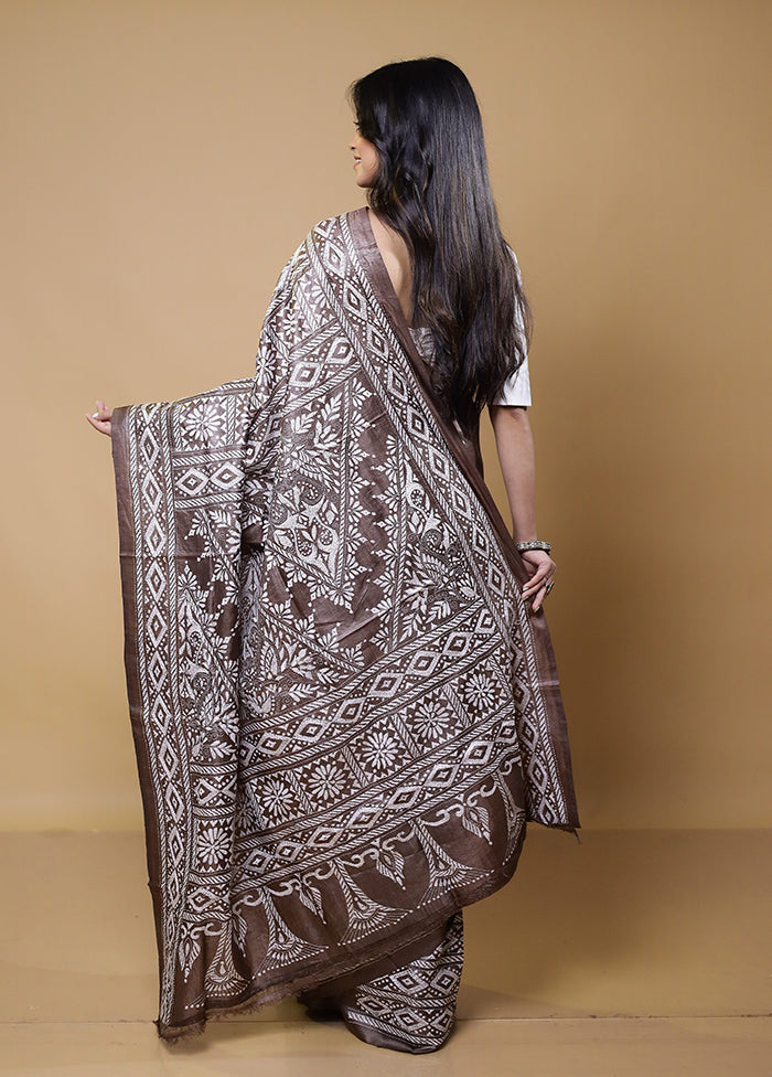 Grey Handloom Kantha Stitch Pure Silk Saree With Blouse Piece