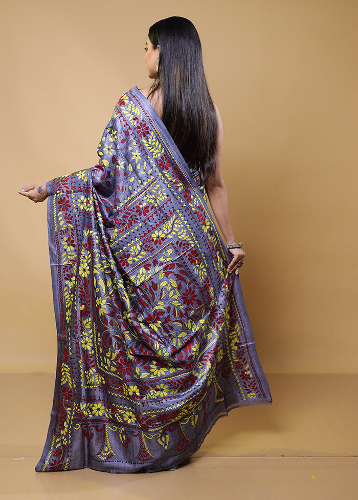 Grey Handloom Kantha Stitch Pure Silk Saree With Blouse Piece