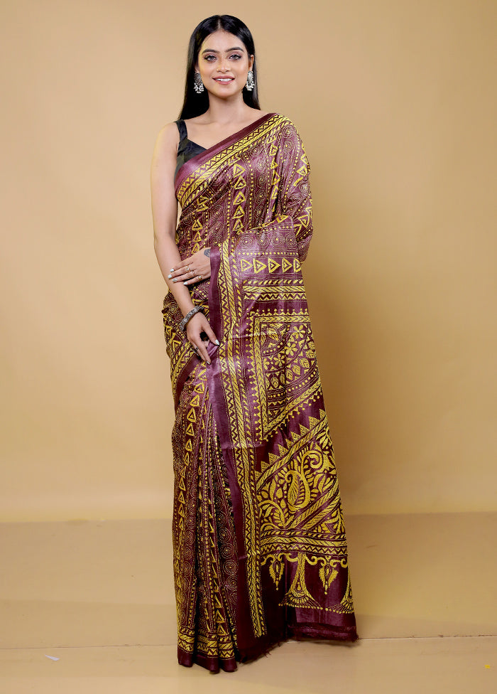 Purple Handloom Kantha Stitch Pure Silk Saree With Blouse Piece