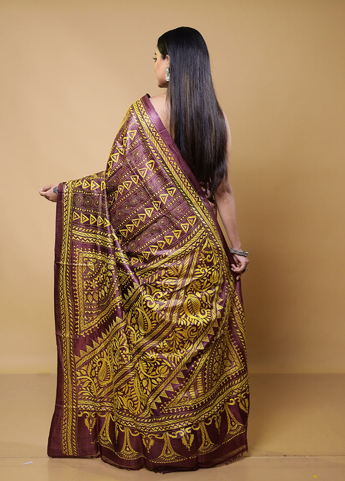 Purple Handloom Kantha Stitch Pure Silk Saree With Blouse Piece