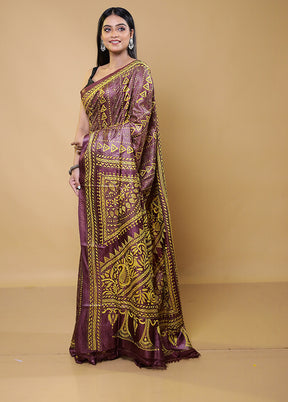 Purple Handloom Kantha Stitch Pure Silk Saree With Blouse Piece