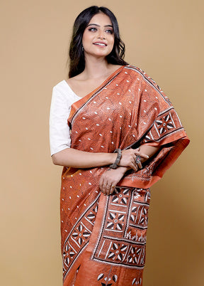 Rust Handloom Kantha Stitch Pure Silk Saree With Blouse Piece