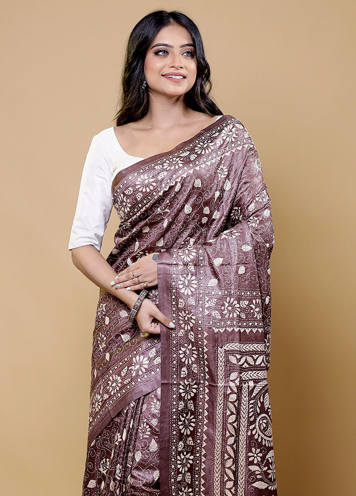 Grey Handloom Kantha Stitch Pure Silk Saree With Blouse Piece