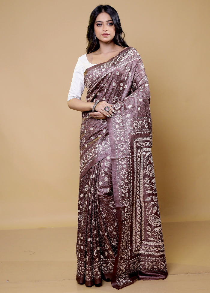 Grey Handloom Kantha Stitch Pure Silk Saree With Blouse Piece