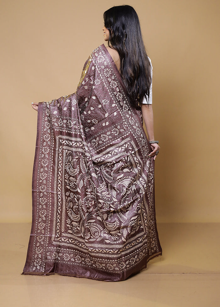 Grey Handloom Kantha Stitch Pure Silk Saree With Blouse Piece