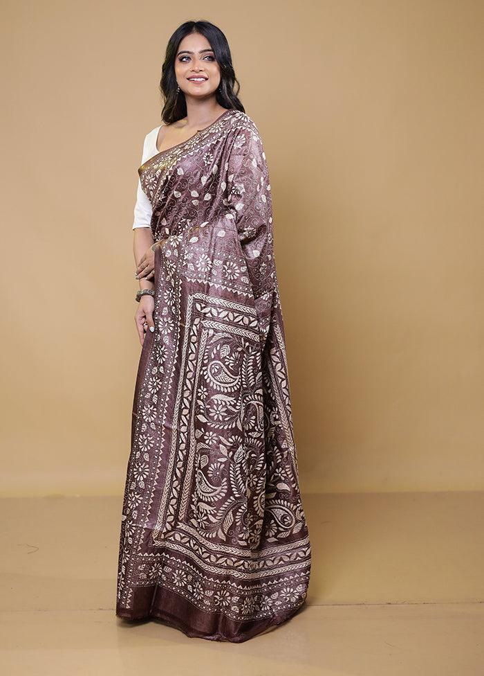 Grey Handloom Kantha Stitch Pure Silk Saree With Blouse Piece