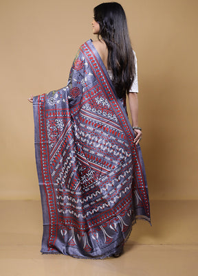 Grey Handloom Kantha Stitch Pure Silk Saree With Blouse Piece