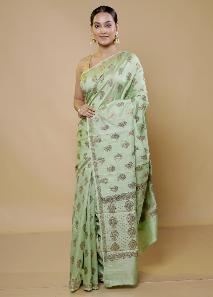 Green Tussar Silk Saree With Blouse Piece