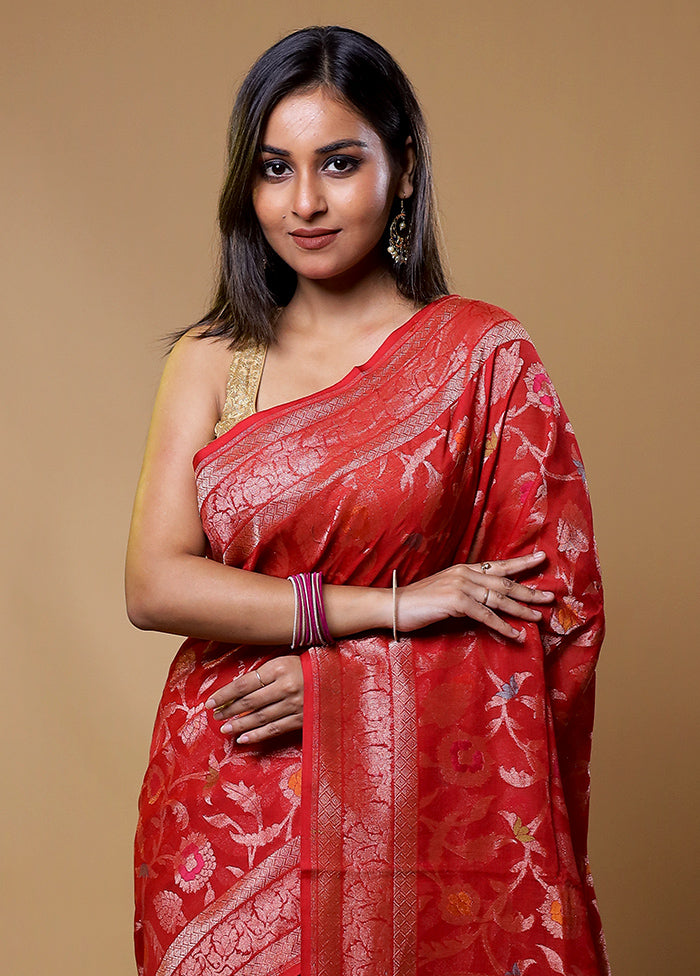 Red Handloom Kora Pure Silk Saree With Blouse Piece