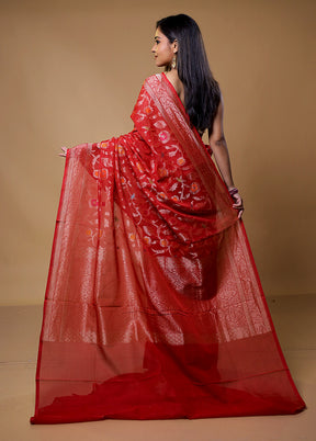 Red Handloom Kora Pure Silk Saree With Blouse Piece