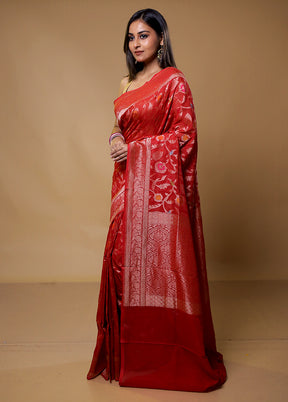 Red Handloom Kora Pure Silk Saree With Blouse Piece