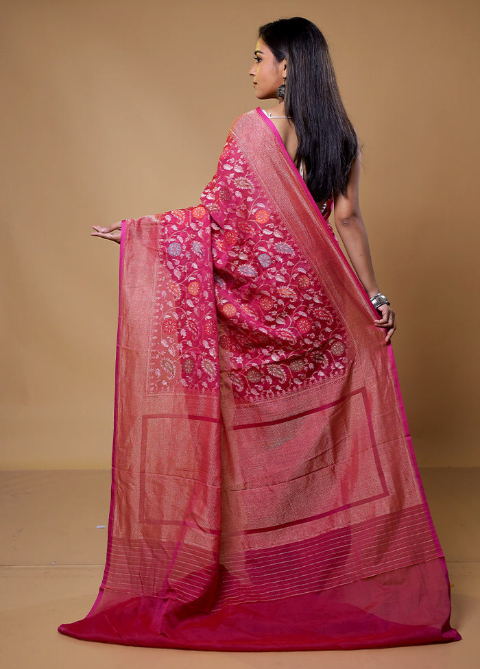 Pink Handloom Kora Pure Silk Saree With Blouse Piece