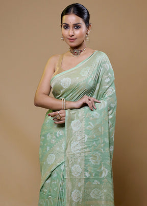 Green Handloom Kora Pure Silk Saree With Blouse Piece