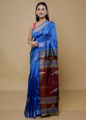 Blue Kalakshetra Kanjivaram Silk Saree With Blouse Piece