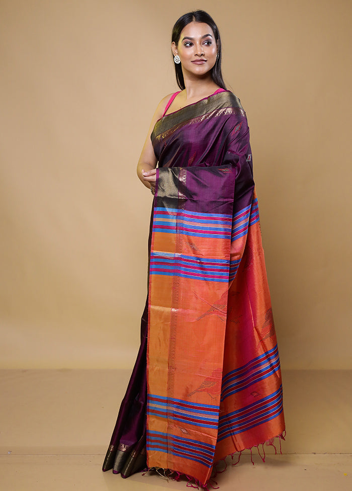 Purple Kalakshetra Kanjivaram Silk Saree With Blouse Piece