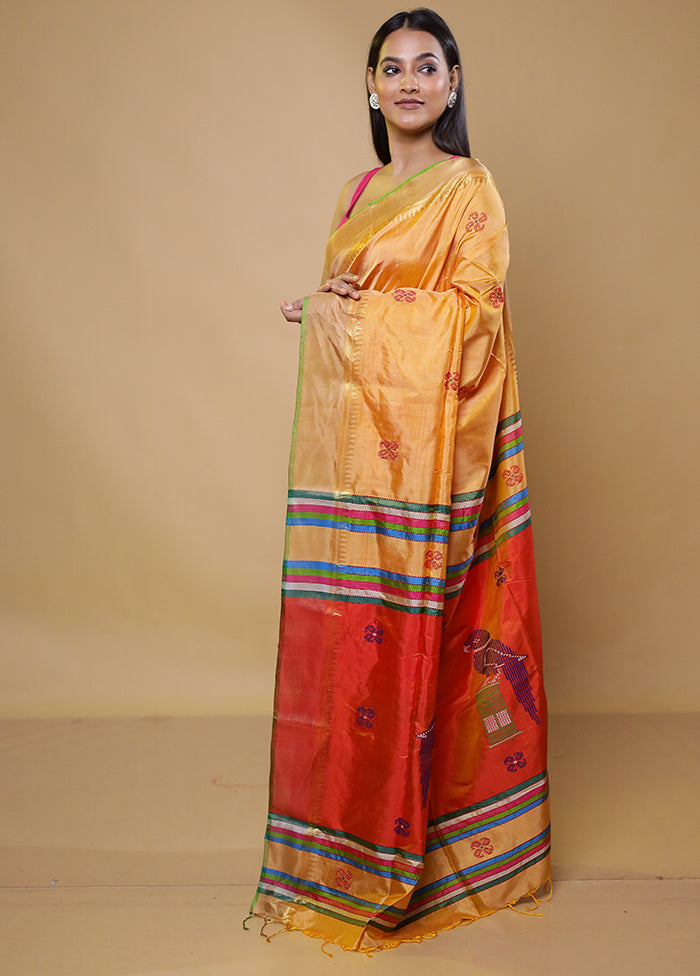 Orange Kalakshetra Kanjivaram Silk Saree With Blouse Piece