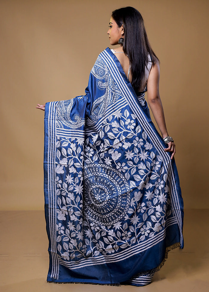 Blue Kantha Stitch Silk Saree With Blouse Piece