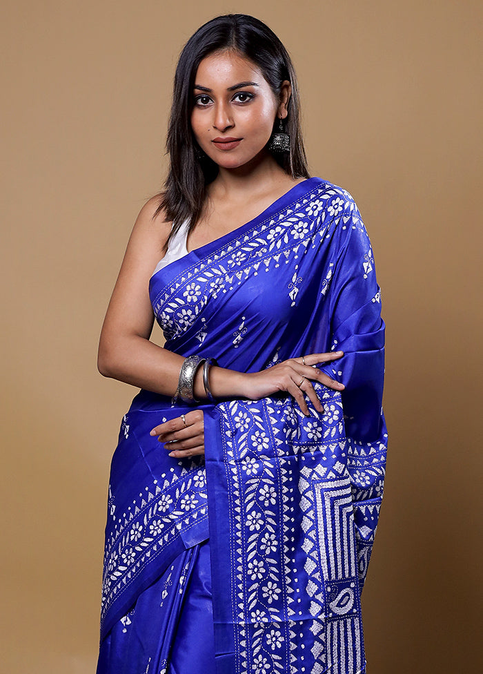 Blue Kantha Stitch Silk Saree With Blouse Piece