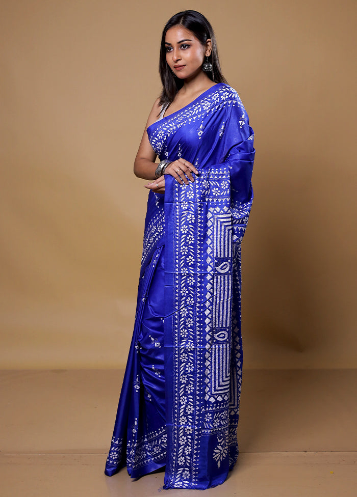 Blue Kantha Stitch Silk Saree With Blouse Piece