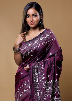 Purple Kantha Stitch Silk Saree With Blouse Piece