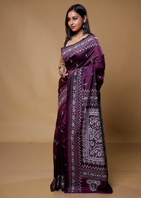 Purple Kantha Stitch Silk Saree With Blouse Piece