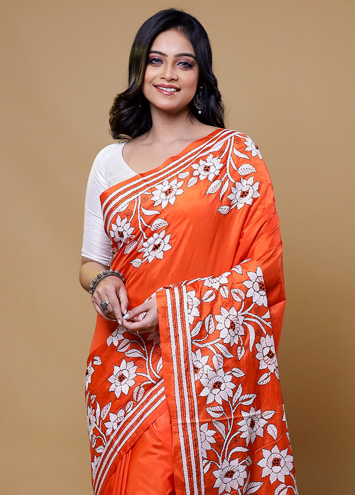 Orange Kantha Stitch Silk Saree With Blouse Piece