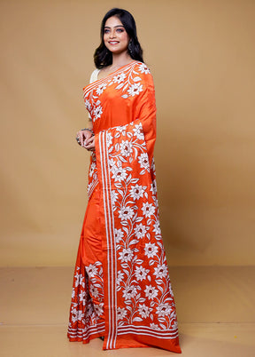 Orange Kantha Stitch Silk Saree With Blouse Piece