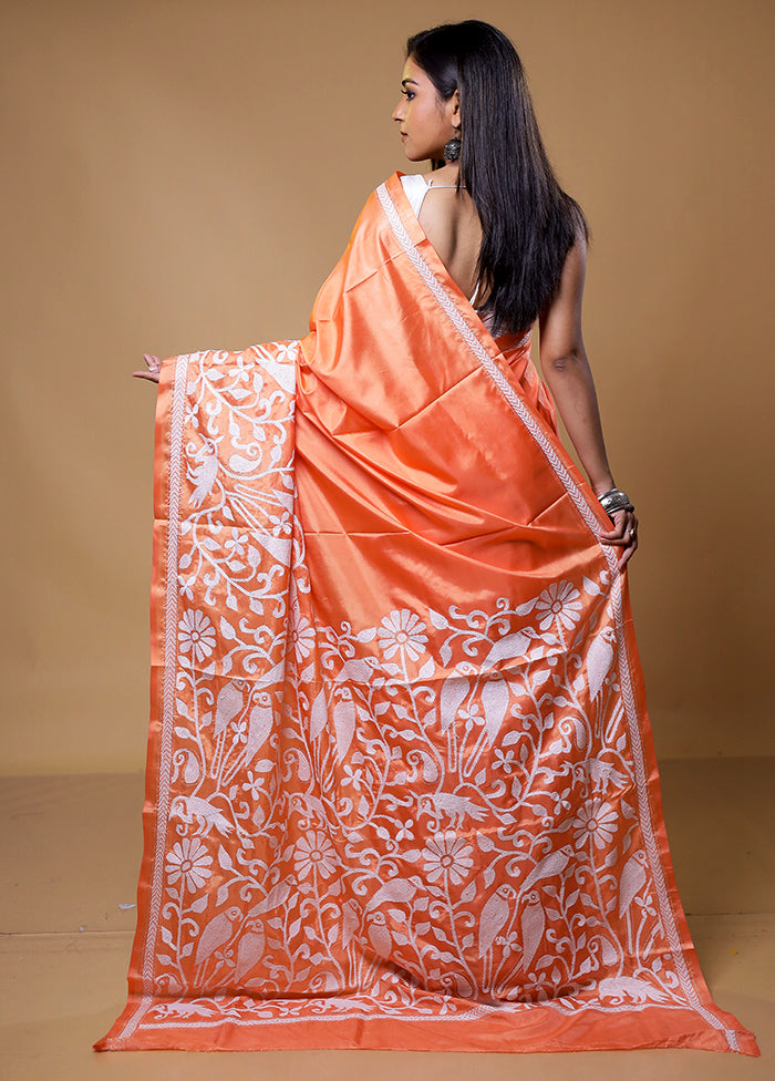 Orange Kantha Stitch Silk Saree With Blouse Piece