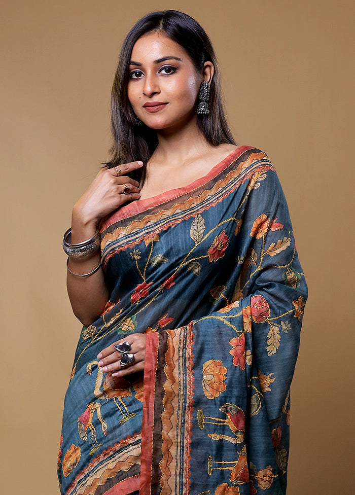 Blue Cotton Saree With Blouse Piece