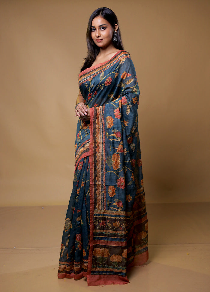 Blue Cotton Saree With Blouse Piece