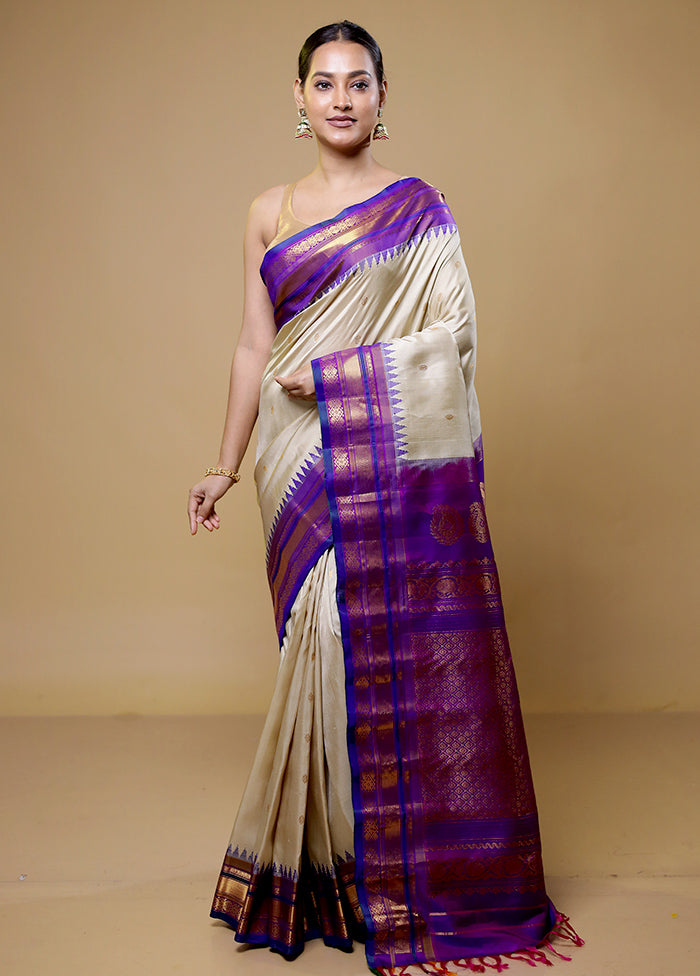 Cream Gadwal Pure Silk Saree Without Blouse Piece