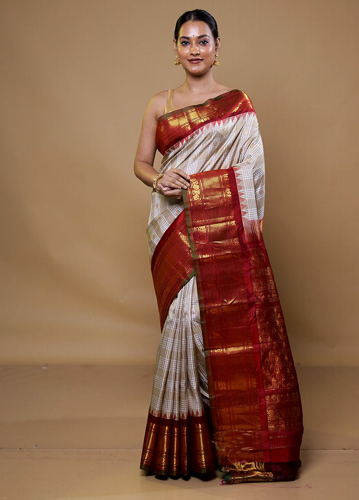 Cream Gadwal Pure Silk Saree Without Blouse Piece