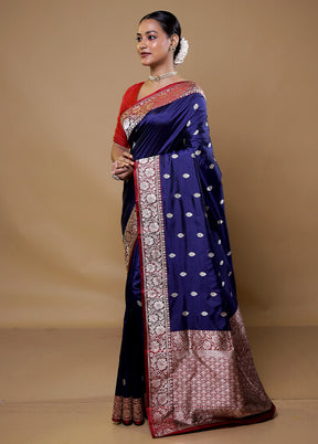 Blue Handloom Katan Pure Silk Saree With Blouse Piece