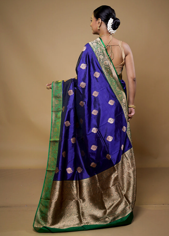 Blue Handloom Katan Pure Silk Saree With Blouse Piece